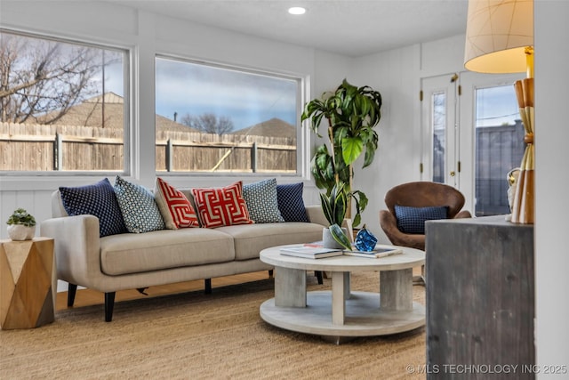 living room featuring recessed lighting and wood finished floors