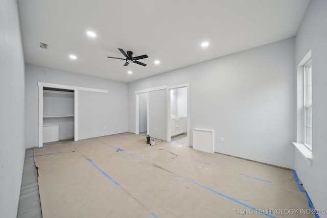 unfurnished bedroom featuring visible vents, recessed lighting, a ceiling fan, and connected bathroom