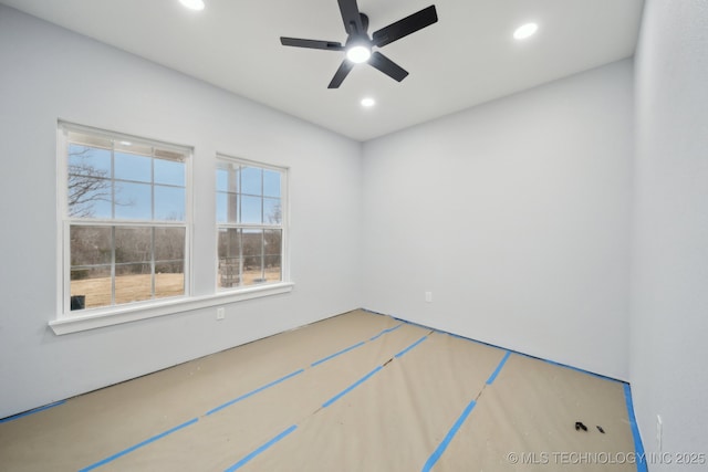 spare room featuring recessed lighting and a ceiling fan