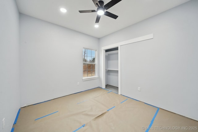 unfurnished bedroom featuring recessed lighting, a closet, and ceiling fan