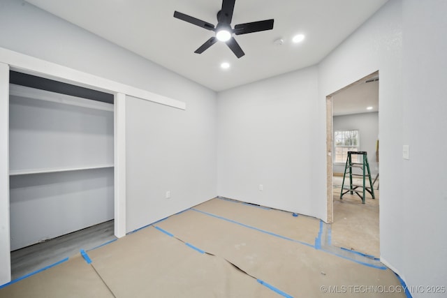 interior space featuring a closet, recessed lighting, and a ceiling fan