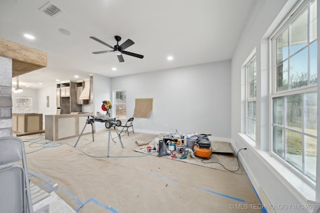 interior space featuring recessed lighting, visible vents, concrete flooring, and baseboards