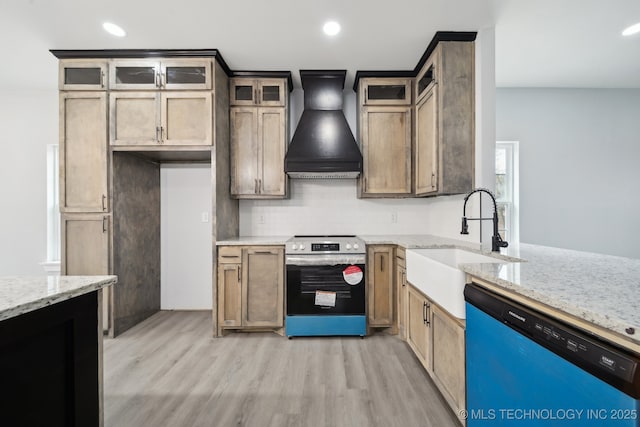 7890 N Oak Dr, Beggs, OK 74421 - kitchen with premium range hood, a sink, stainless steel electric range, dishwasher, and light wood-style floors