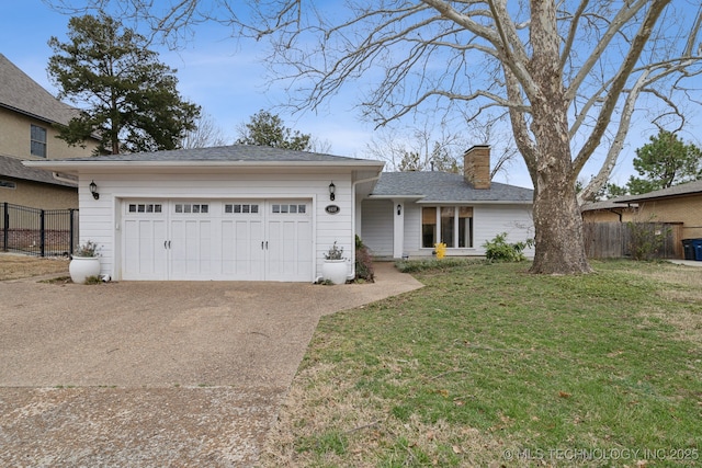 ranch-style house with driveway, a chimney, a front yard, and fence