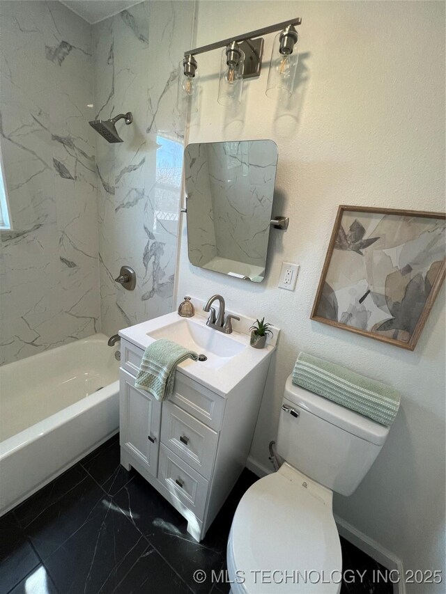 bathroom with marble finish floor, vanity, toilet, and bathing tub / shower combination