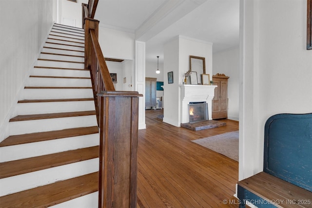 staircase with ornamental molding, a warm lit fireplace, and wood finished floors