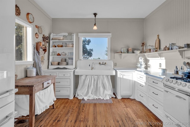 kitchen with light countertops, light wood-type flooring, white cabinetry, and open shelves