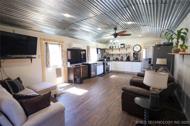 living room featuring ceiling fan, dark wood-style floors, vaulted ceiling, and a wall mounted AC