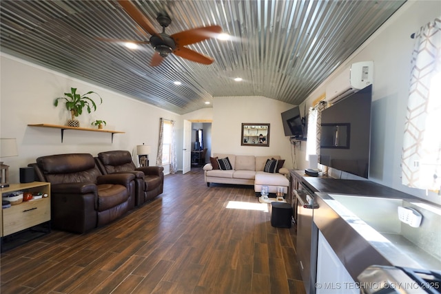 living area featuring a ceiling fan, a wall mounted AC, dark wood-style floors, recessed lighting, and vaulted ceiling