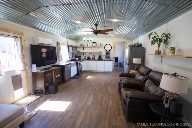 living room featuring a wall unit AC, a ceiling fan, dark wood-style flooring, and vaulted ceiling