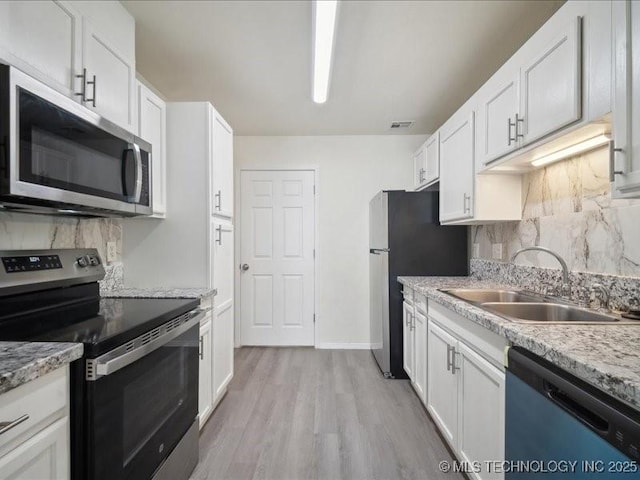 kitchen featuring a sink, white cabinets, light countertops, appliances with stainless steel finishes, and backsplash