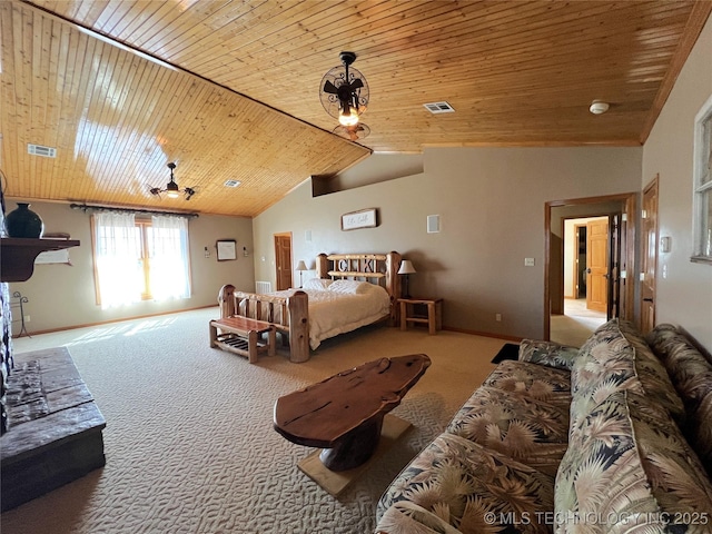 carpeted bedroom featuring lofted ceiling, wooden ceiling, visible vents, and baseboards