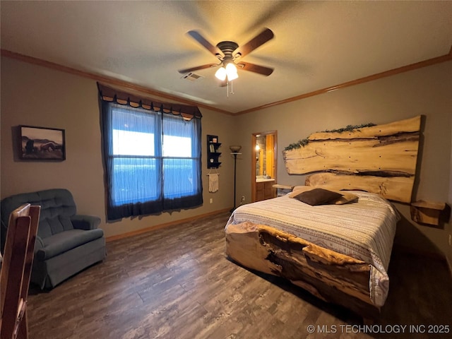 bedroom with visible vents, ornamental molding, ceiling fan, wood finished floors, and baseboards