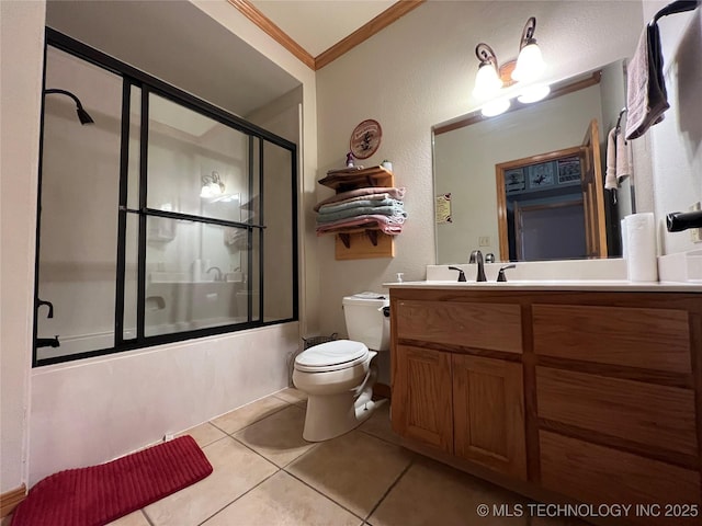 full bath with toilet, ornamental molding, combined bath / shower with glass door, vanity, and tile patterned floors