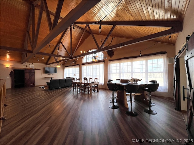 dining space with beam ceiling, a barn door, wood ceiling, wood finished floors, and high vaulted ceiling