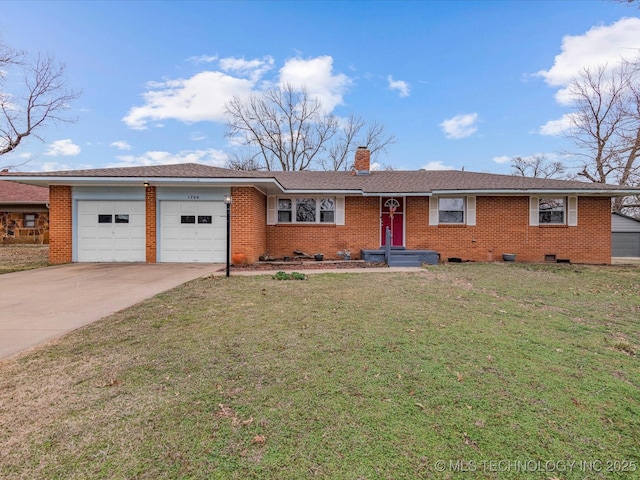 ranch-style home with a front yard, brick siding, driveway, and a chimney