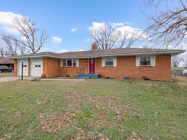 ranch-style home featuring an attached garage, brick siding, crawl space, a chimney, and a front yard