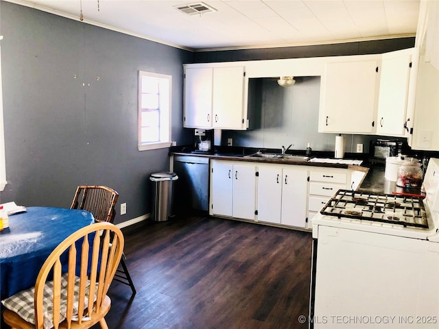 kitchen featuring white gas range oven, visible vents, dishwasher, white cabinetry, and a sink