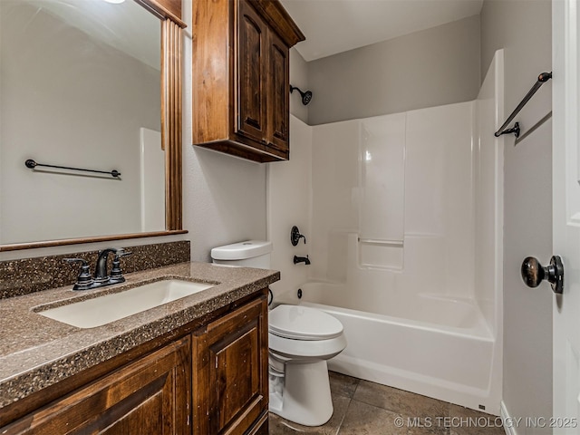 full bathroom with vanity, toilet, tub / shower combination, and tile patterned flooring