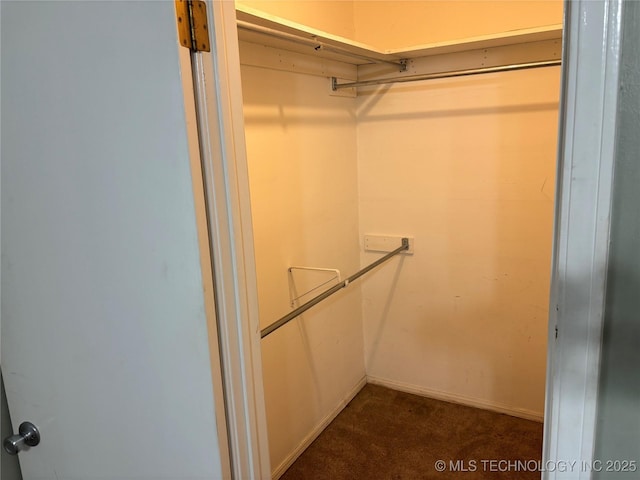 spacious closet featuring dark carpet