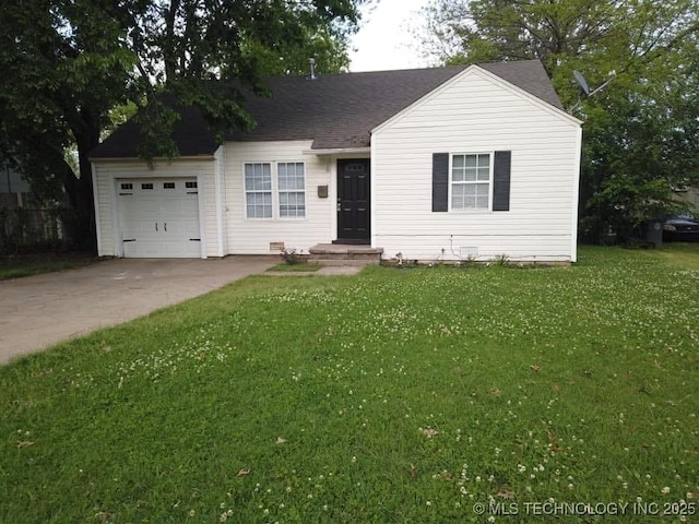 view of front of property with a garage, driveway, a front lawn, and a shingled roof