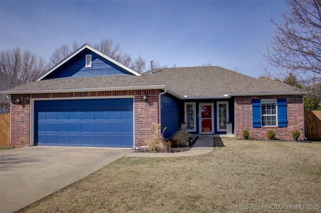 ranch-style house featuring a shingled roof, brick siding, driveway, and a front lawn