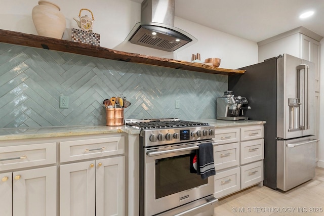 kitchen featuring white cabinets, appliances with stainless steel finishes, island exhaust hood, open shelves, and backsplash