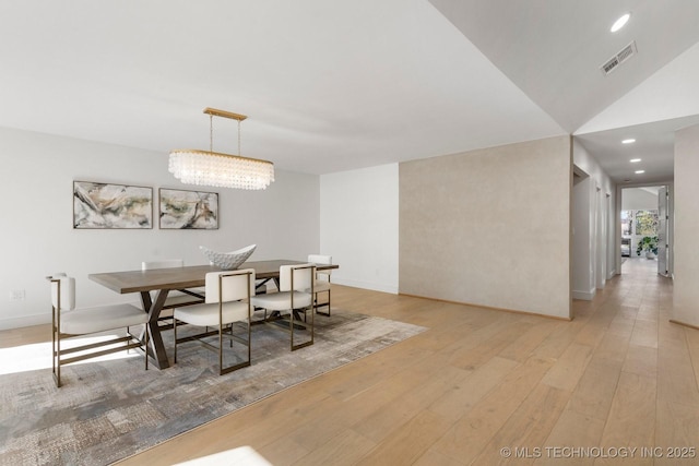 dining area with recessed lighting, visible vents, a chandelier, light wood-type flooring, and baseboards