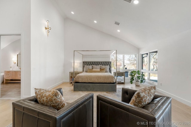 bedroom featuring light wood finished floors, visible vents, baseboards, high vaulted ceiling, and recessed lighting