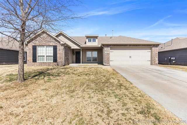 ranch-style home with a garage, driveway, brick siding, and a front yard