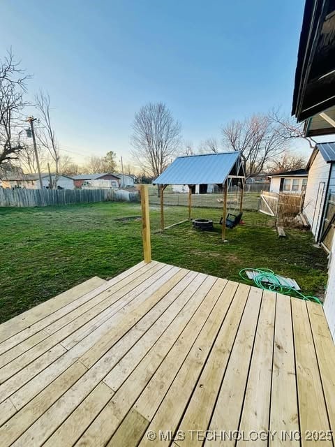 deck featuring a fenced backyard and a lawn