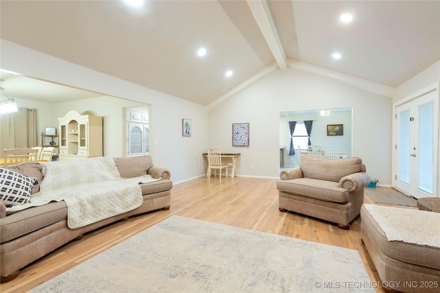 living area featuring vaulted ceiling with beams, light wood-style flooring, baseboards, and recessed lighting