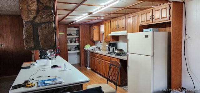 kitchen with light wood-style floors, stainless steel appliances, light countertops, wood walls, and under cabinet range hood