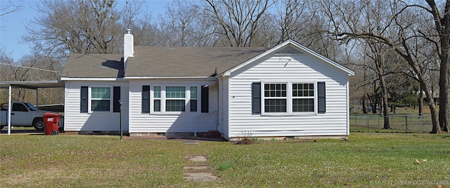 view of front facade featuring an attached carport, fence, crawl space, a chimney, and a front yard