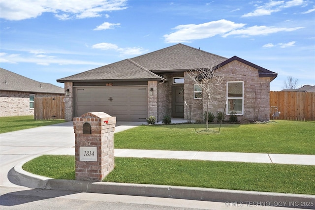 view of front facade featuring brick siding, fence, driveway, roof with shingles, and a front lawn