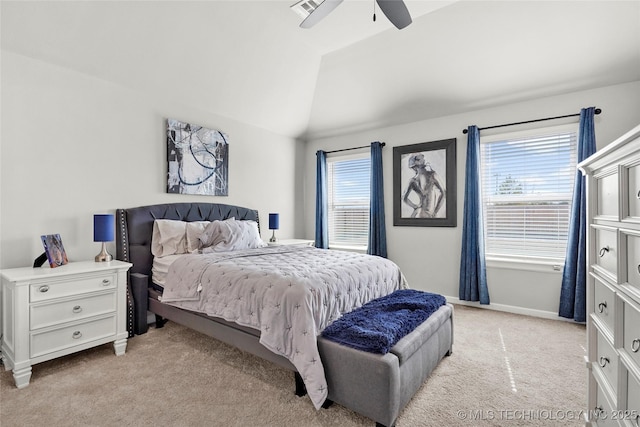 bedroom featuring lofted ceiling, light carpet, visible vents, baseboards, and a ceiling fan