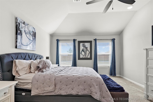 bedroom with vaulted ceiling, baseboards, a ceiling fan, and light colored carpet