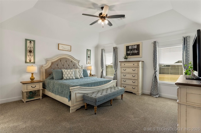 bedroom featuring carpet, multiple windows, baseboards, and vaulted ceiling