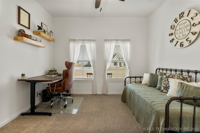 bedroom featuring carpet flooring, baseboards, and a ceiling fan