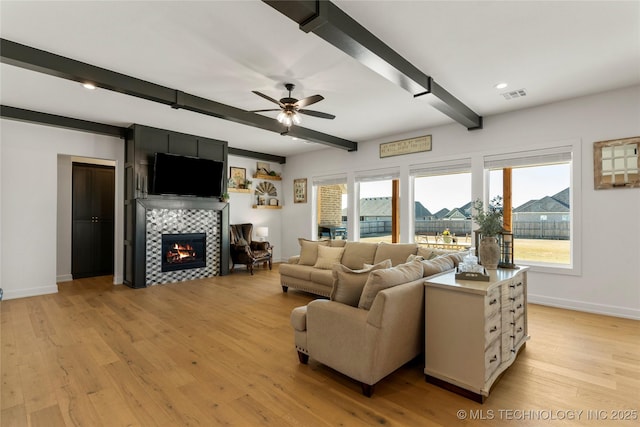 living area with visible vents, baseboards, light wood-style flooring, beamed ceiling, and a fireplace