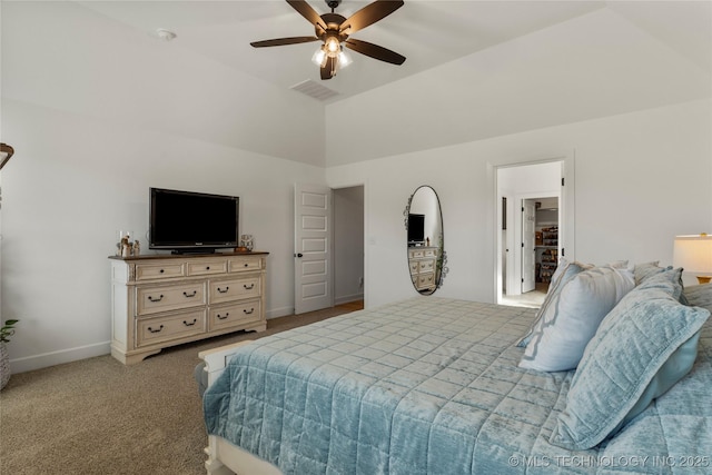bedroom with carpet, a ceiling fan, high vaulted ceiling, visible vents, and baseboards