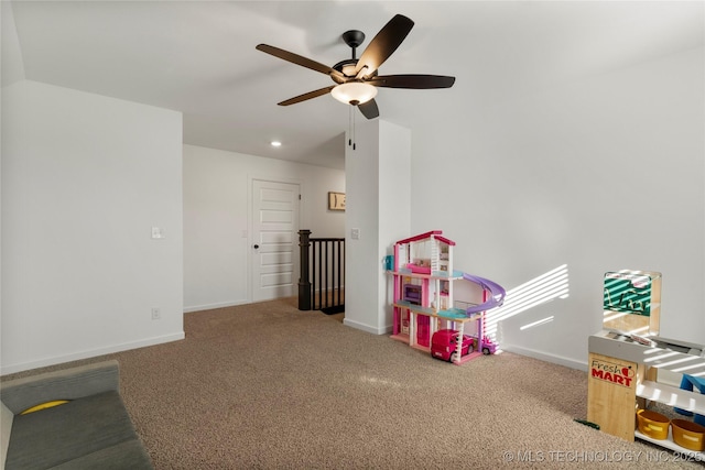 rec room featuring a ceiling fan, baseboards, carpet flooring, and recessed lighting