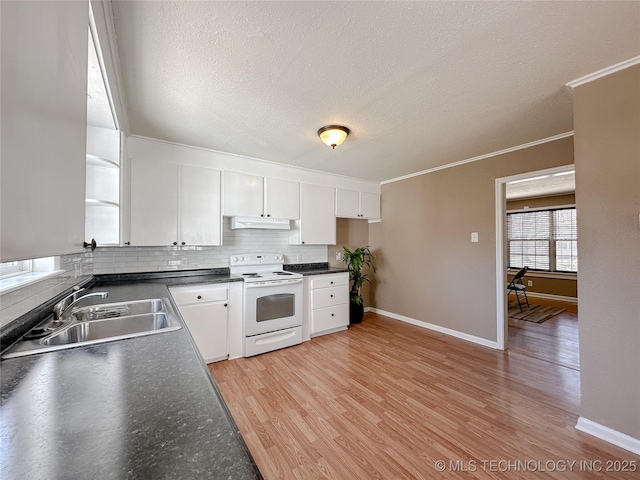 kitchen featuring under cabinet range hood, a sink, white cabinets, white range with electric stovetop, and light wood finished floors