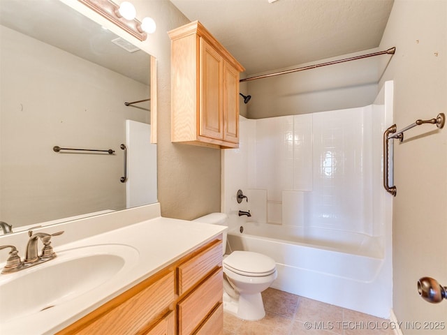 bathroom featuring visible vents, shower / bathing tub combination, toilet, vanity, and tile patterned floors