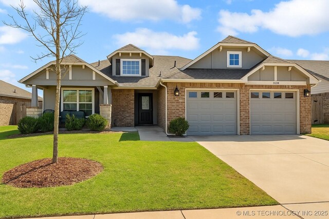 3838 E 144th St S, Bixby, OK 74008 - view of front of house featuring concrete driveway, brick siding, roof with shingles, a front lawn, and a garage