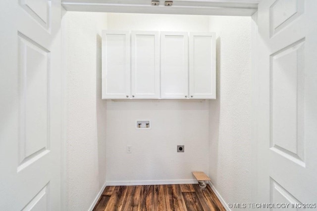 517 W Clyde Ave, Vinita, OK 74301 - laundry area featuring cabinet space, electric dryer hookup, washer hookup, baseboards, and dark wood-style floors
