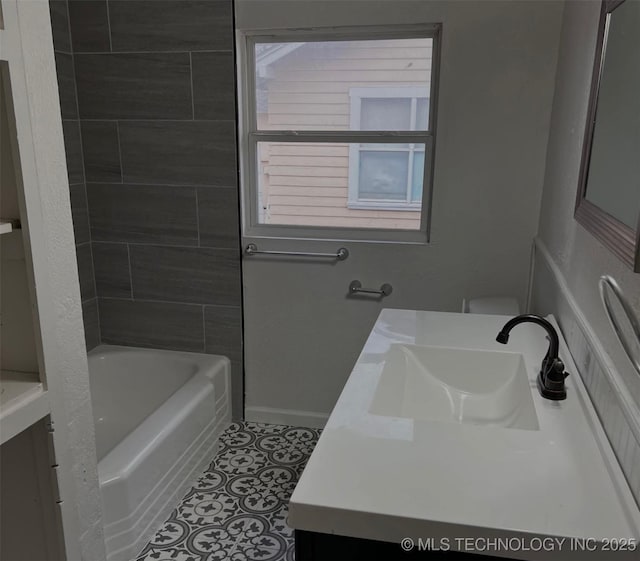 full bath with a bathtub, walk in shower, vanity, and tile patterned floors