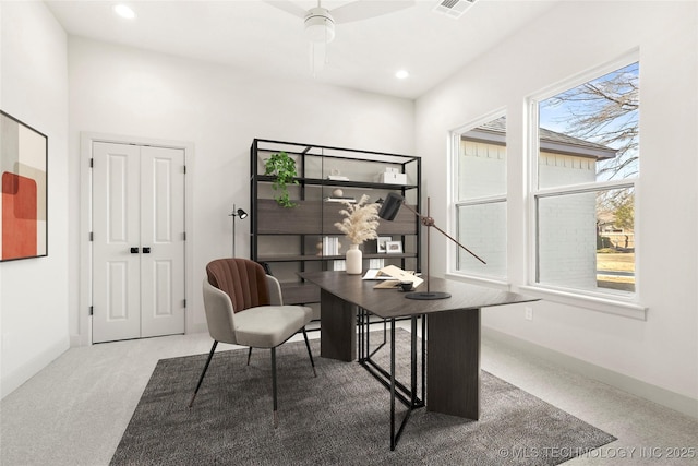 home office with visible vents, recessed lighting, carpet, and baseboards