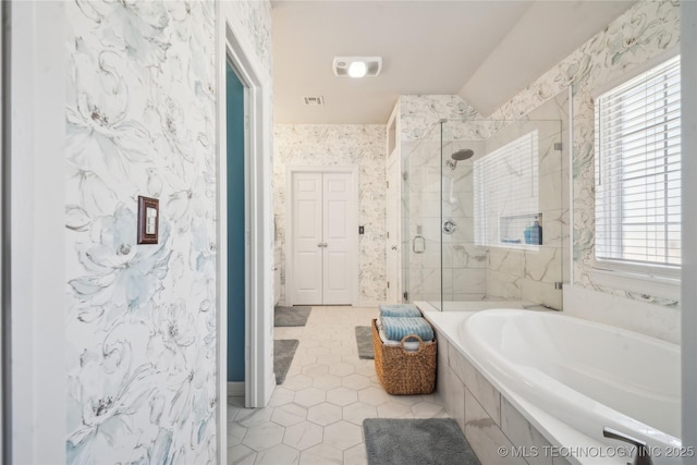 full bath featuring visible vents, wallpapered walls, a stall shower, tile patterned flooring, and a bath