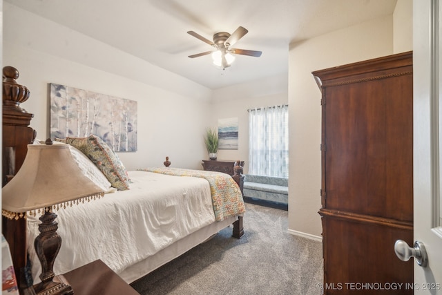bedroom with baseboards, carpet flooring, and ceiling fan